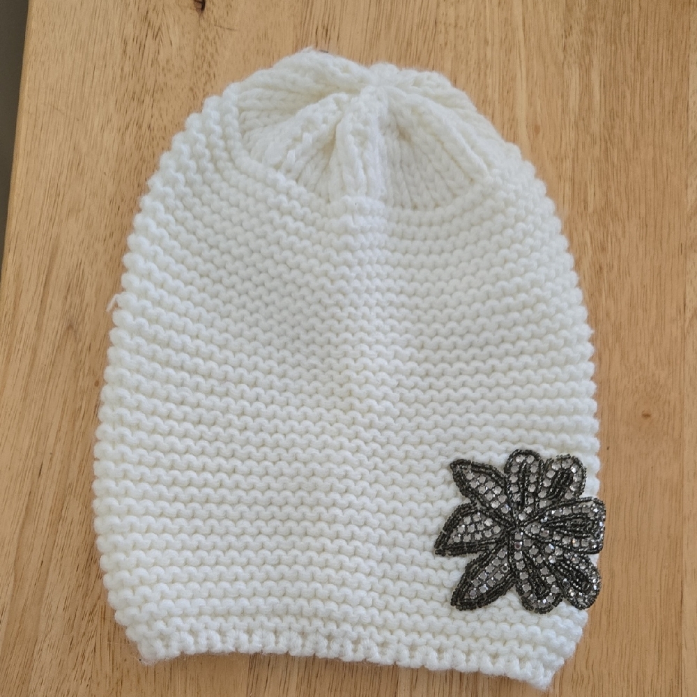 Candie's White Knit  Hat with Black Floral Jeweled Accent